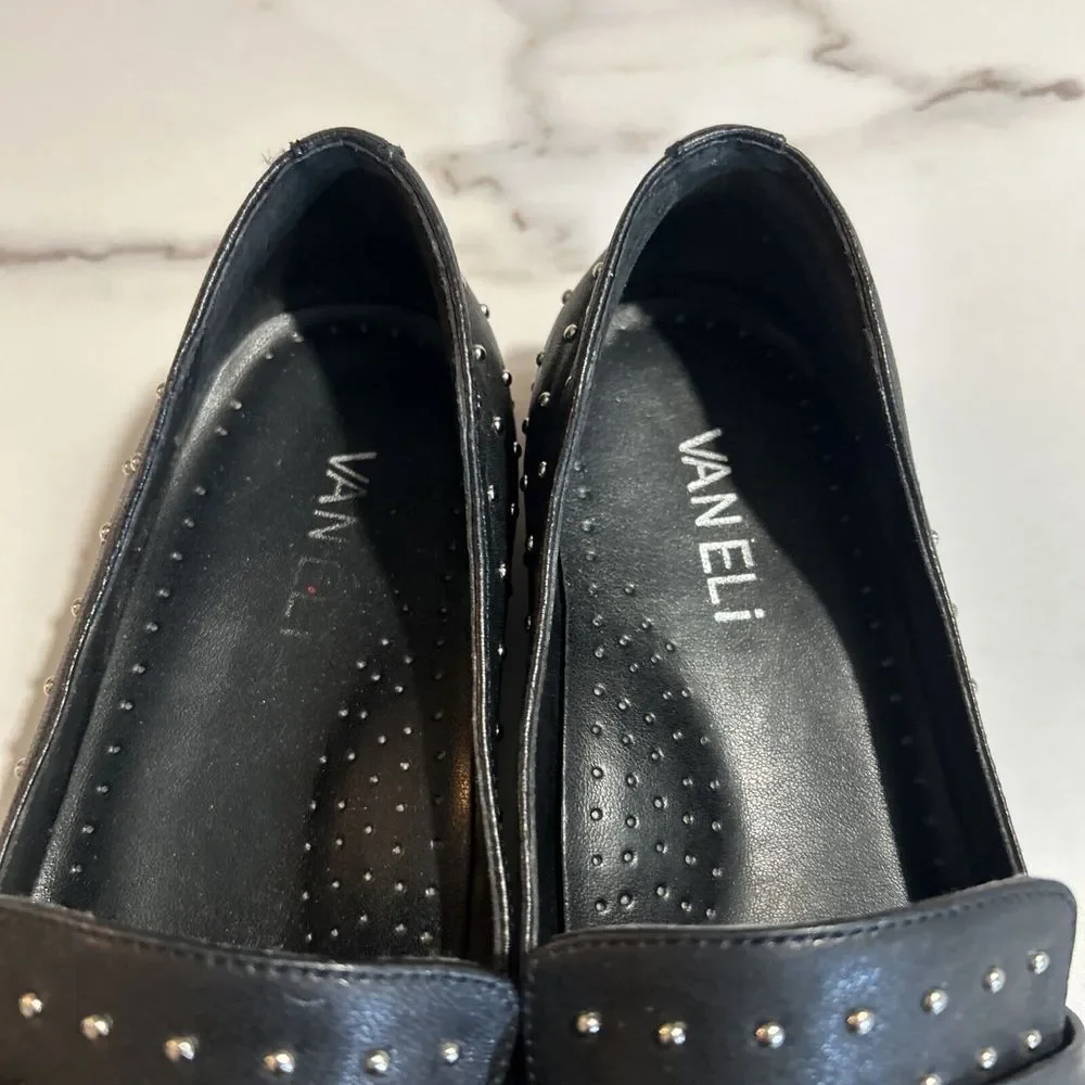 VanEli Penny Loafer Women Black Leather Shoes Smoking‎ Slipper 7 narrow Studded